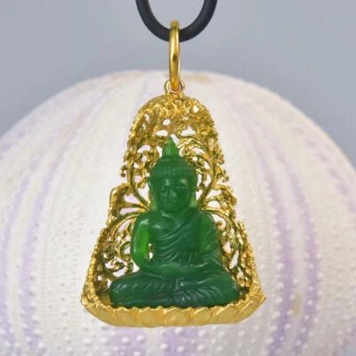 Buddha Image Gold Vermeil Sterling Bodhi Tree Green Chalcedony Pendant 13.16 g - Image 1 of 4