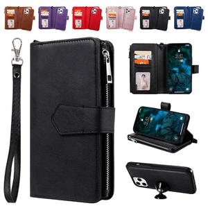 For iPhone 15 14 Pro 13 12 11 Removable Card Leather Zipper Wallet Phone Case - Picture 1 of 24