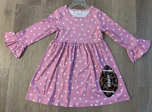 New Boutique Girls Size 4/5 Pink & White Polka Dot Dress With Football On Front - Picture 1 of 8