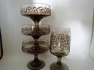 4 Retro Libbey Glass Footed Stemware Prado Tawny Brown Pattern Glasses - Picture 1 of 3