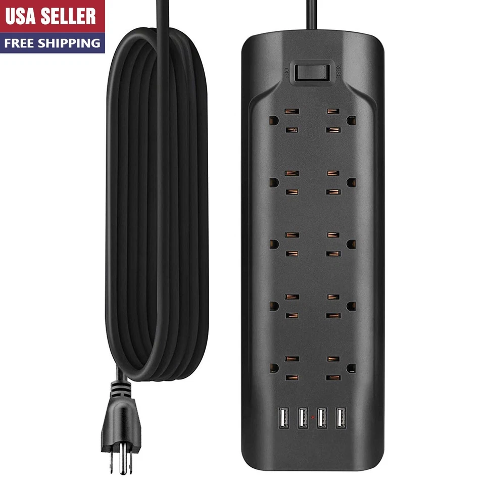 10 Outlet Surge Protector Power Strip with 4 USB Charging Port Black - Image 1 of 4