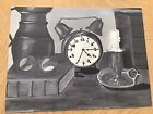 Table with clocks books candlestick etc artwork from anais Flores  Size 24”x18”