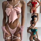 4Pc Women's Sexy Lingerie Set with Hollow Bra Thong Leg Ring and Bow Tie