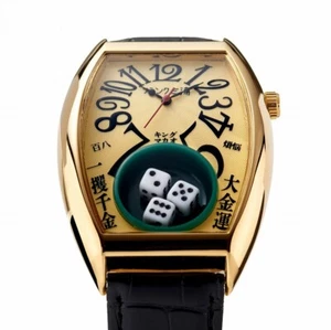 Frank Miura King Macau Gamble Wrist Watch FM12-GDGD Gold Analog Dial Dice Quartz - Picture 1 of 3
