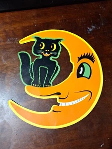 Vintage Halloween Die Cut BEISTLE Decoration Smiling Moon & Black Cat Art  - Picture 1 of 10
