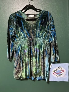 Y2K Top L Large Peacock Velvet Velour Green Fall Boho Whimsy Fairy Hippie Tunic - Picture 1 of 16