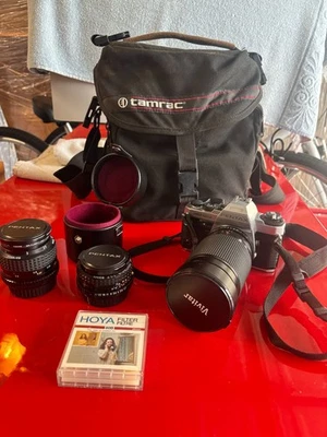 Pentax Superprogram 35mm camera w/3 lenses, auto flash, manuals & storage bag - Image 1 of 4