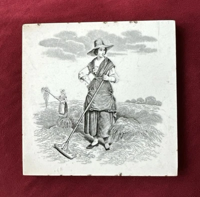 Antiguo azulejo/remache Minton China Works Stoke on Trent escena de granja pastoral Foto 1 de 4