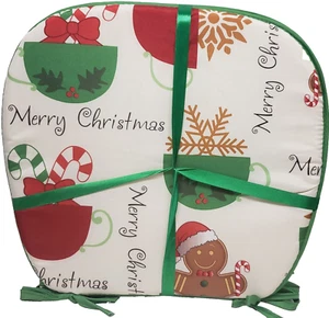 SET OF 4 CHAIR CUSHION PADS w/ties, 15x15", MERRY CHRISTMAS THEME# 1, white, BH - Picture 1 of 20