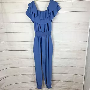 Love Zoe Blue Jumpsuit Jumper Large L 8 10 Jogger Pants Pockets Ruffle Overall - Picture 1 of 15