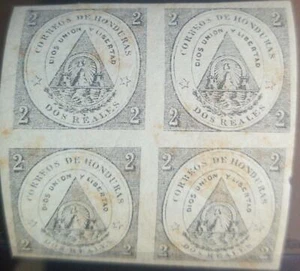 J) 1865 HONDURAS COATS OF AMRS, CATALOGUE N 2, BLOCK OF 4, MN - Picture 1 of 1