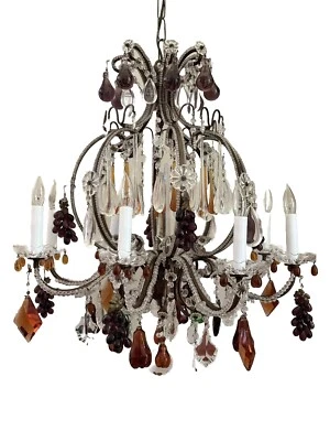 Vintage French Crystal Beaded Chandelier Murano Art Glass Fruit Grape 8 Light - Image 1 of 4