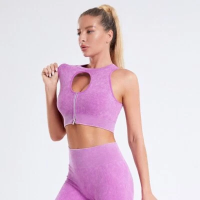 Sports Zip Sand Washing Vests Yoga Fashion Women Screw thread Crop Top Tanks  - Image 1 of 4