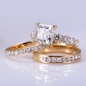 3CTW Princess Cut Moissanite Bridal Trio Ring Set Wedding 14K Rose Gold Plated - Picture 1 of 8