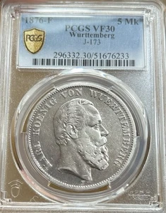 1876 F Wurttemberg German States 5 MARK PCGS VF30 Silver 5 Mk Coin - Picture 1 of 2