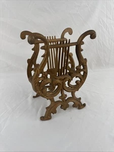 Vintage Gold Tone Harp Lyre Music Book Magazine Rack Holder Cast Metal - Picture 1 of 4