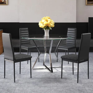 Glass Round Dining Table and 2/4/6 PU Leather Chairs Office Kitchen Furniture UK - Picture 1 of 17