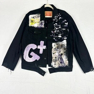 Levi's Custom Upcycled Trucker Jacket Men's Size Medium Black Distressed Patch - Picture 1 of 10