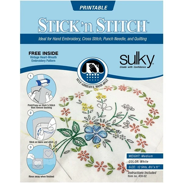 Sulky Stick n Stitch Printable Wash-Away TRACKED POST 12 sheets 8.5" x 11" white - Image 1 of 1