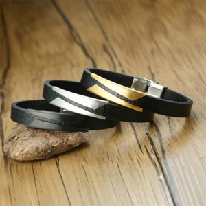 Edelstahl schräg gebogen Superfaser Leder Armband Herren beliebter Schmuck - Bild 1 von 9
