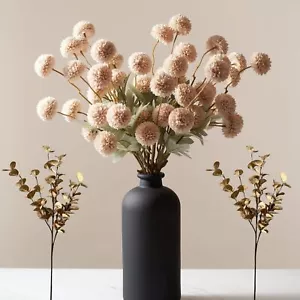 Beige Flowers Artificial + Eucalyptus, Fake Mums Long Stem Flowers, Tan Nude Cre - Picture 1 of 9
