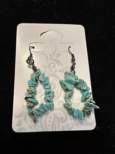 Fish Hook Long Blue/Green Turquoise Vertical Dangle Earrings - Picture 1 of 4