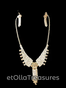 Gold Halskette und Ohrring Set funkelnd Kristall Strass Hochzeit Abschlussball Frauen - Bild 1 von 6