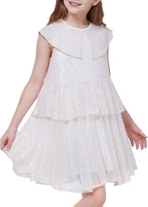 WULFUL Girls Sequin Dress Sparkly Party A-line Flutter Neckline Dual-Layer Holid - Picture 1 of 12