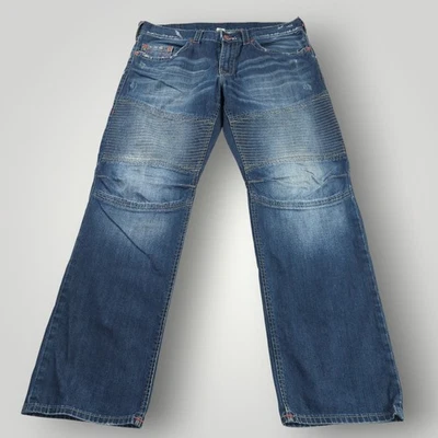 True Religion Men’s 42 World Tour Moto Jeans Distressed Red Rivet Blue Denim - Image 1 of 4