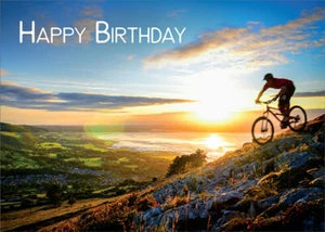 RSVP Biker Going Down Hill at Sunset Masculine Birthday Card for Him Man Men - Picture 1 of 2