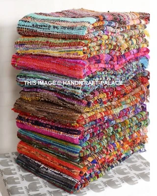 Fair Trade Loom Recycled Rag Rug Chindi Shabby Chic Woven Striped Mat Handmade - Image 1 of 4