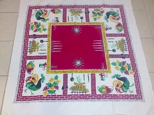 Rare Vtg Art Deco MCM Tablecloth Roosters 43" x 43" Burgundy Green Yellow VGC - Picture 1 of 5