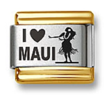 Italian Charm Bracelet Links Laser I Heart Maui Girl Gold Trim Stainless Steel  - Image 1 of 2