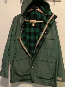 LL Bean Outdoor Mountain Plaid Lined Parka Jacket Green Wool Nylon - Picture 1 of 12