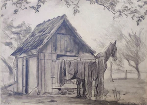 Kliefert, Erich„Stralsund Kniepervorstadt – Abgezäumtes Pferd am Schuppen" 1927 - Bild 1 von 10