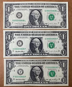Federal Reserve 3er SET ein Dollar 1988-2006 PASSENDE NIEDRIGE Serie 00000868 UNC - Bild 1 von 1
