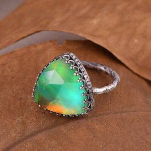 Trillion Aurora Opal Chunky Ring in Sterling Silver For Every Occasion Gift Her - Picture 1 of 6