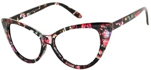 CAT EYE FLOWER BLACK GLASSES CLEAR LENS RETRO WOMENs UVB UVA PROTECTION - Picture 1 of 5