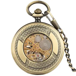 Vintage Mechanical Black Steampunk Skeleton Pocket Watch with Chain For Men - Picture 1 of 13
