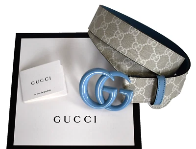 🆕️Authentic GUCCI Beige/White/Blue GG MARMONT SUPREME Women's Belt IT-90 US-36 - Image 1 of 4