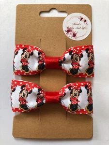 HANDMADE SET OF 2 MICKEY & MINNIE MOUSE HAIR BOWS CROCODILE HAIR CLIPS (S) - Picture 1 of 2