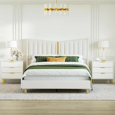 Cream Velvet Queen Upholstered Bed 48" Tall Headboard with Gold Trim Wood Slats - Image 1 of 4