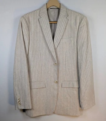 NEW Perry Ellis Linen Cotton Blazer Men's 42R Beige Pinstripe Surgeon's Cuffs - Image 1 of 4