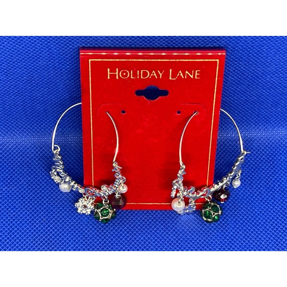 Merry Christmas Hoop Earrings Xmas Holidays Snowflake Silver Tone Crystal NWT - Image 1 of 4