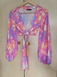 Boohoo size M rainbow colourful tie-dye beach coverup crop cardigan bow summer - Picture 1 of 9