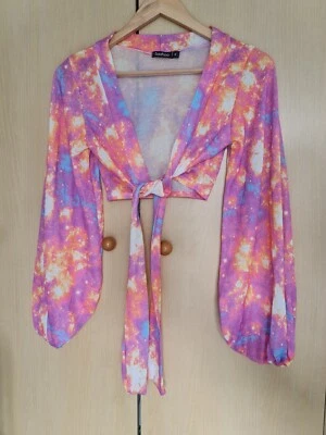 Boohoo size M rainbow colourful tie-dye beach coverup crop cardigan bow summer - Image 1 of 4