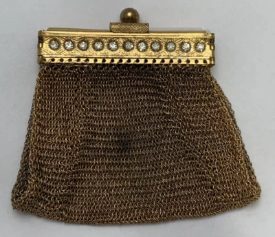 Bolso de mano monedero de malla vintage Alemania diamantes de imitación joya tono dorado cota de malla Foto 1 de 4