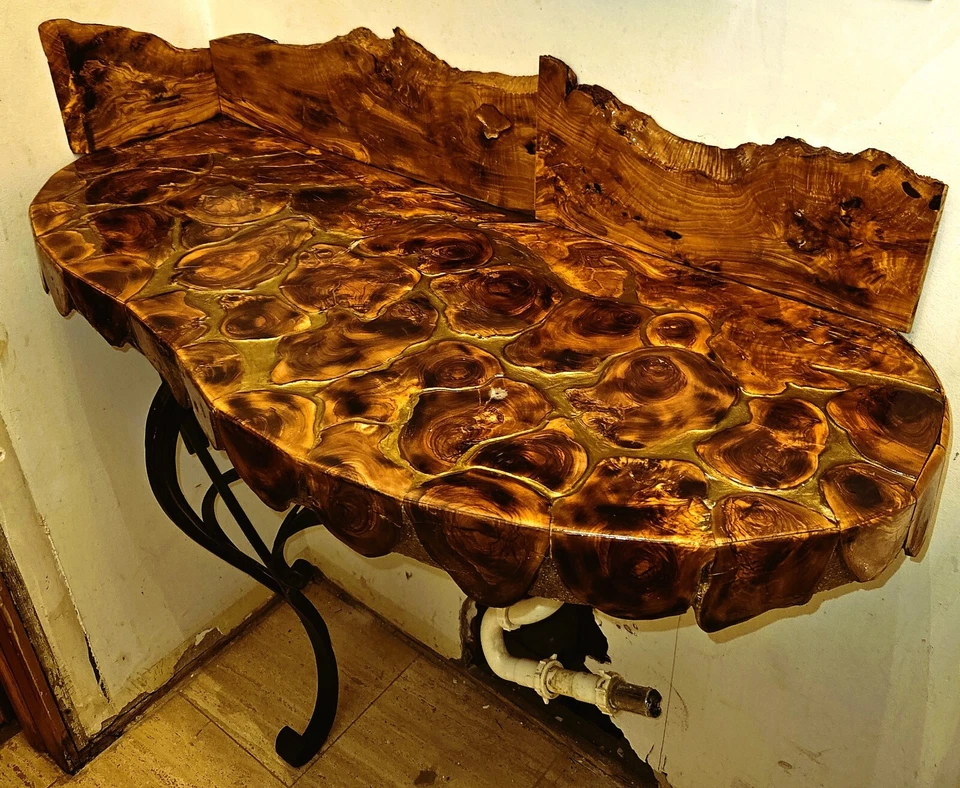 Console table Designer line "Golden Olive" Olive wood Epoxy + ceramic coat.  - Image 1 of 1