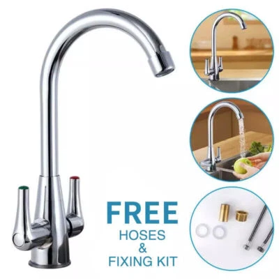 Modern Kitchen Sink Mixer Taps Swivel Spout Twin Lever Tap Mono Chrome Faucet - Image 1 of 4