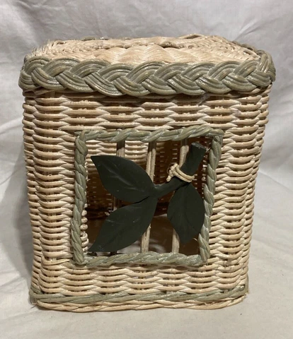 Vtg.  Green Leaf Wicker Tissue Box Cover Basket - Whitewashed Natural Lt. Blue Cover